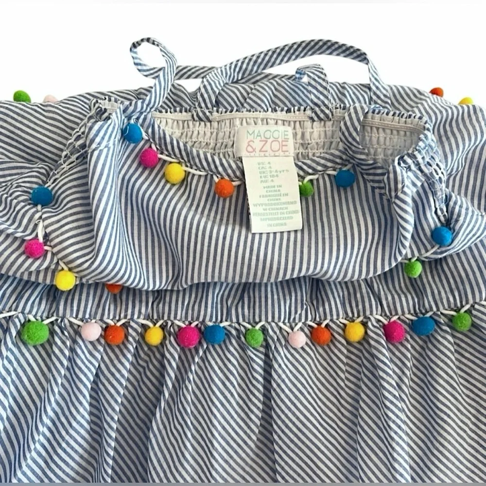 Maggie & Zoe Kids Girls 4T Blue Striped Dress with Colorful Pom Poms - LIKE NEW - Picture 4 of 4